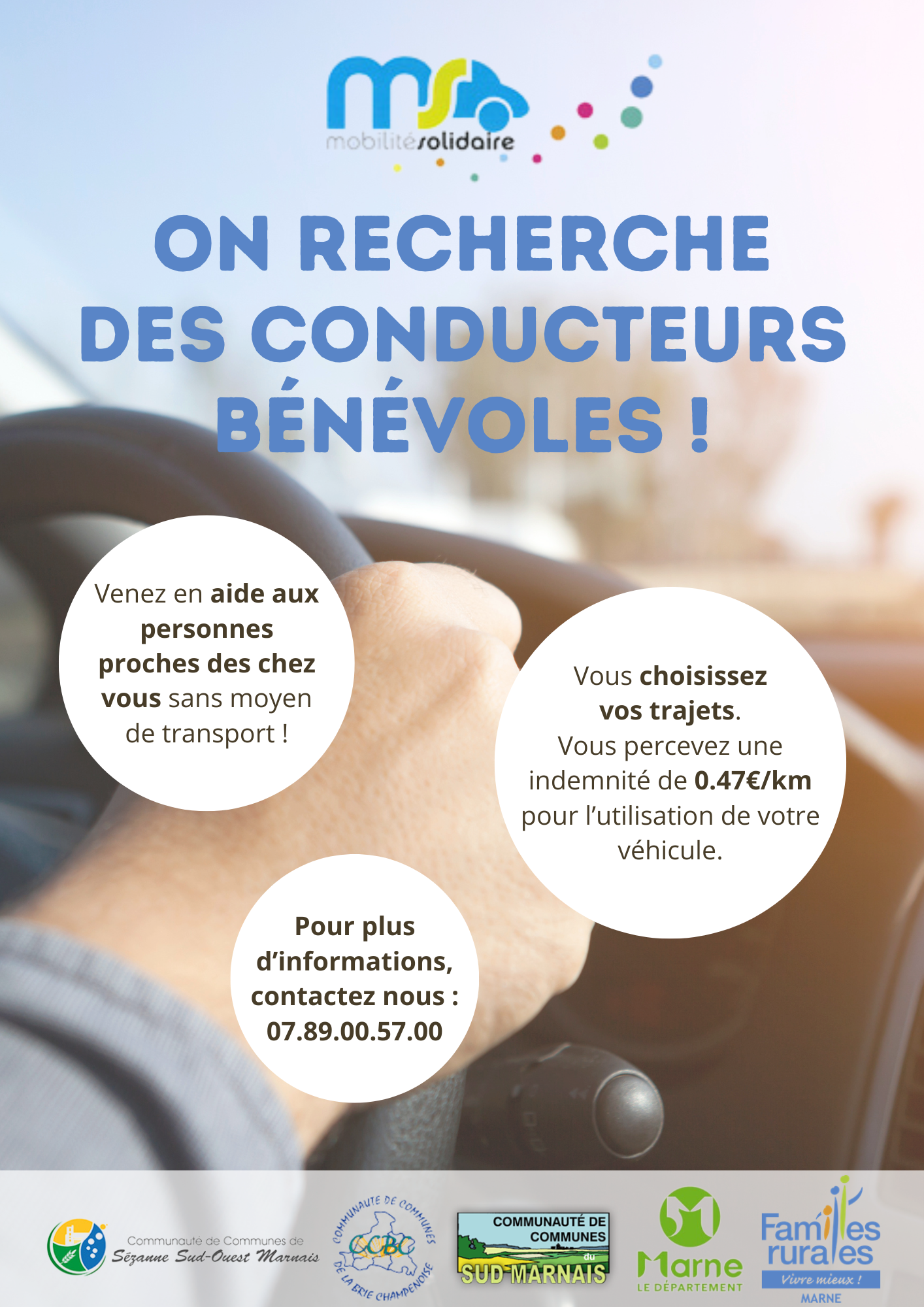 La fédération Familles Rurales Marne (service de Mobilité Solidaire) recherche des conducteurs bénévoles. Pour tous renseigments accéder au panneau d'affichage.