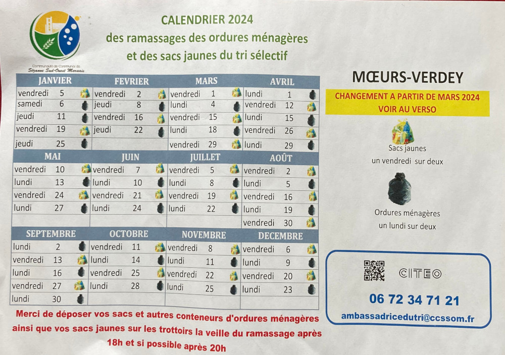 Ordures ménagères et sacs jaunes, calendrier 2024.