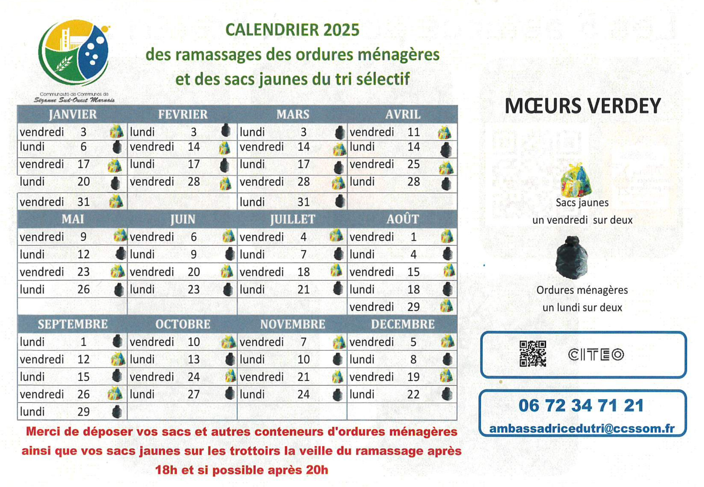 Ordures ménagères et sacs jaunes, calendrier 2025.